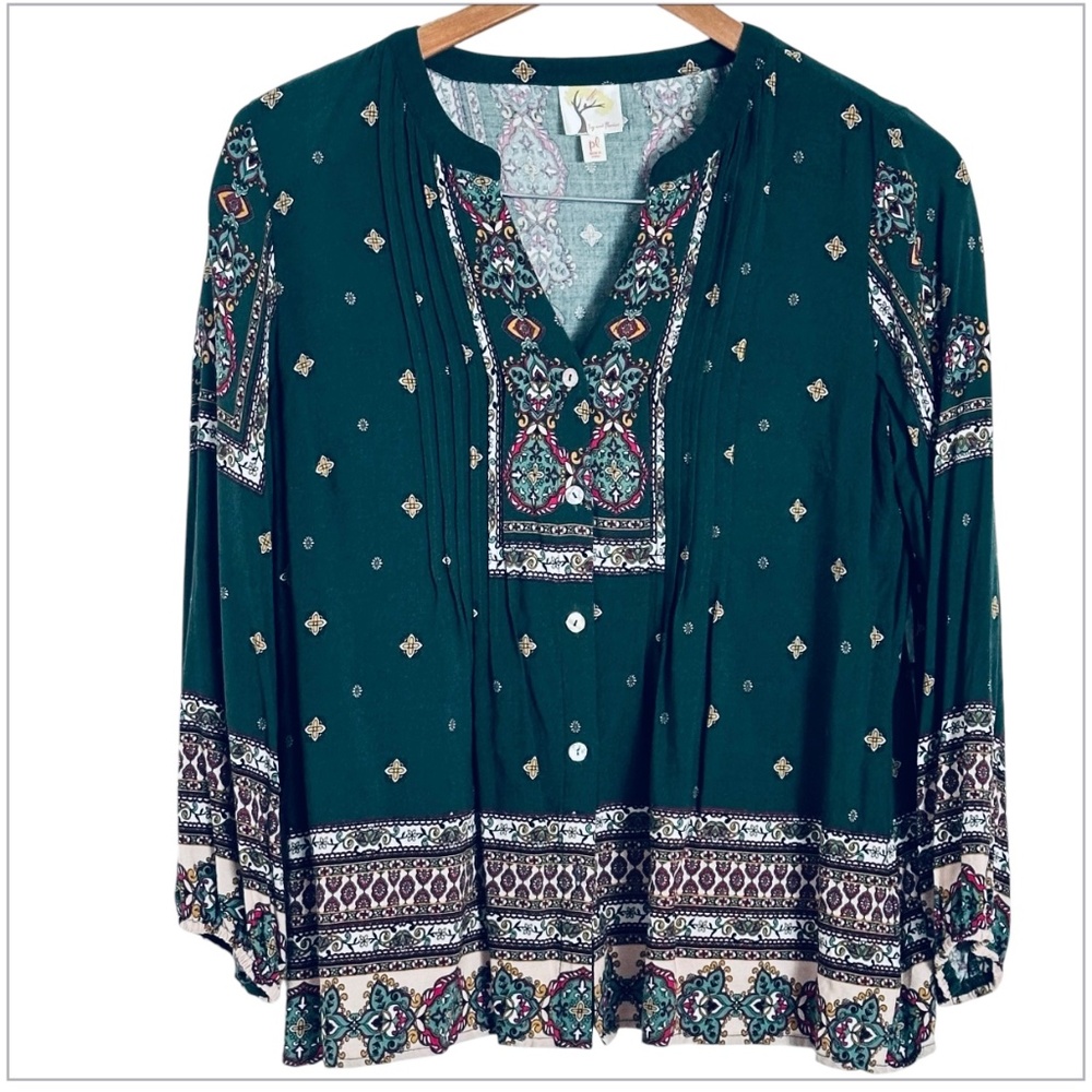 Fig and Flower Womens Top Size L Petite Paisley Boho V-Neck Pintuck Balloon Slv